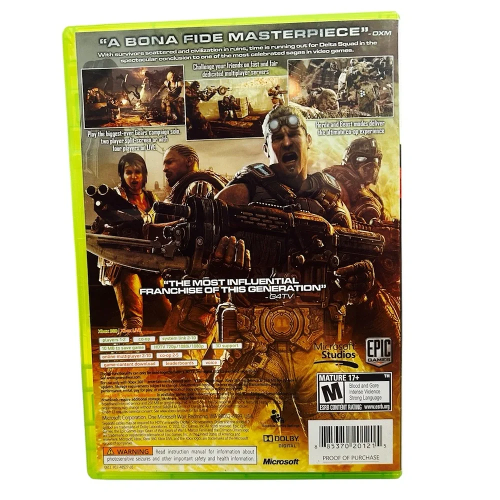 Xbox 360 Gears of War 3 CIB Complete w/ Manual + Sticker Pack Tested Working